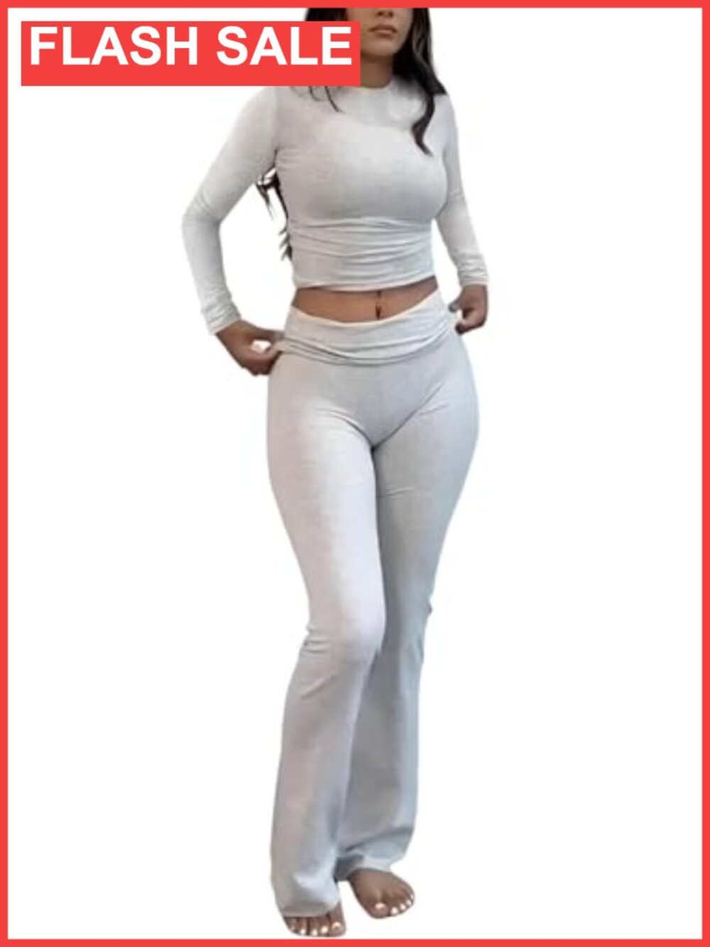 Two Piece Workout Set Long Sleeve Top Fold-Over Flare Leggings Tracksuit